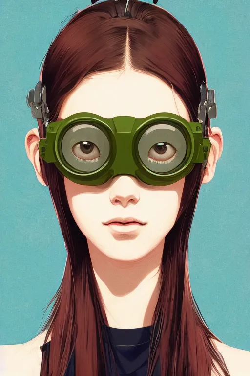 Image similar to face of a beautiful girl wearing goggles, olive skin, symmetrical, ilya kuvshinov, jamie hewlett, yoji shinkawa, muted colors, portrait, beautiful detailed illustration, 17th century oil painting, flat colors, studio ghibli, cel shading, loish, pop art,