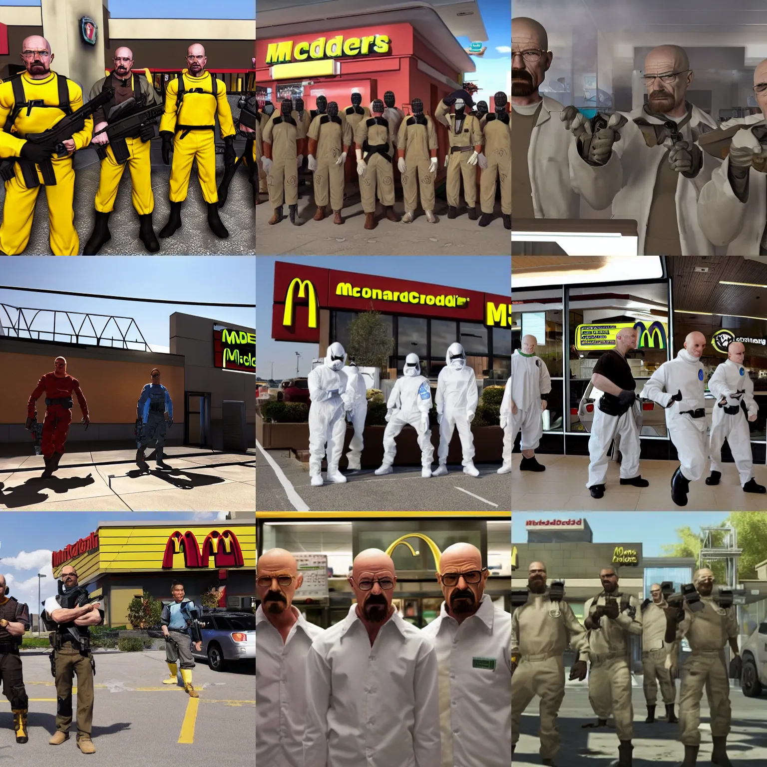 Prompt: walter white clones in spec ops raiding mcdonalds