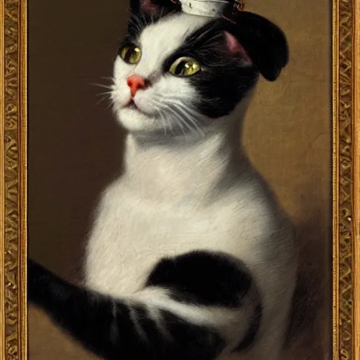 Prompt: renaissance portrait of a black and white cat wearing a crown, in the style of eugene de blaas