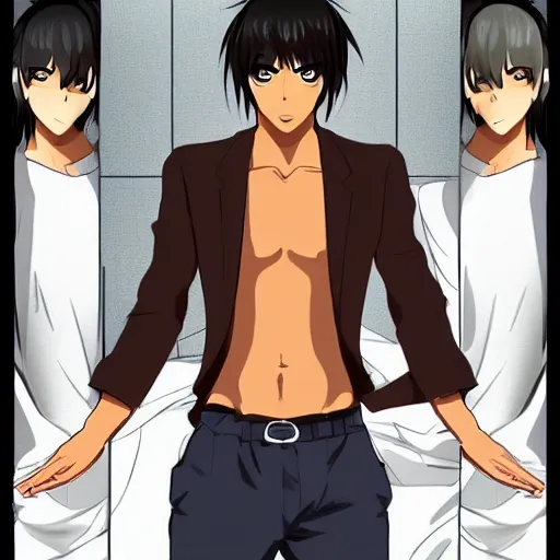 Image similar to A man with tan skin, brown eyes, and hip-length, shiny, black hair, anime, manga