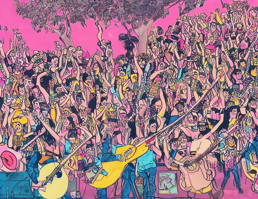 Prompt: a detailed painting of a concert by bananas with guitars while the pink elephants are stage diving in the sky in the style of artist James Jean