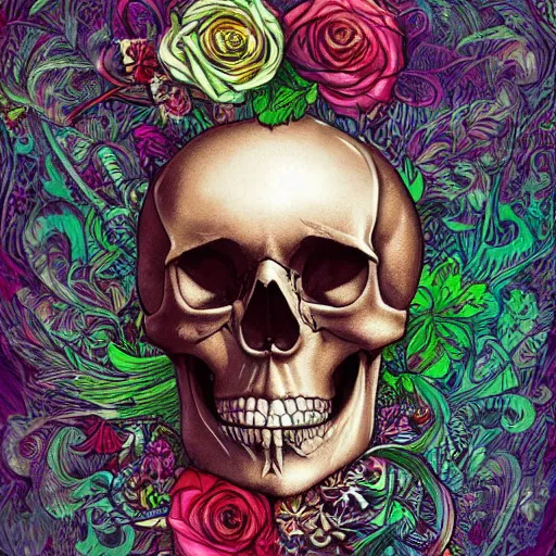 Image similar to a skull with floral accents by android jones