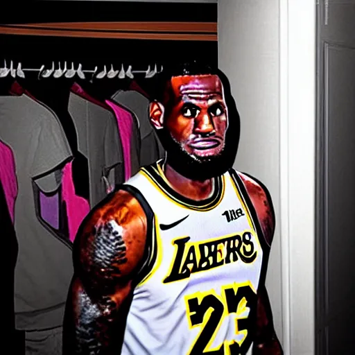 Image similar to grainy photo of lebron james as a creepy monster in a closet, harsh flash