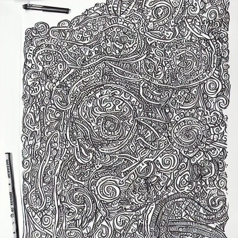 Image similar to notebook doodle architecture sketch with extremely intricate psychedelic patterns hyper detailed linework pen and paper