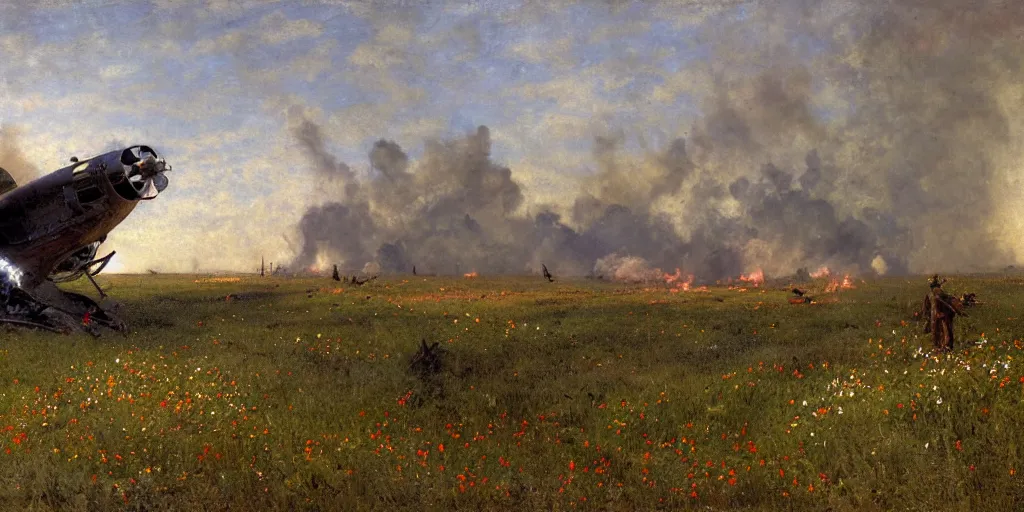 Prompt: wreckage of a crashed spaceship in a field of wildflowers, fire and smoke, moody lighting, low angle, wide angle, close-up, very detailed, by Jules Bastien-Lepage and Albert Bierstadt