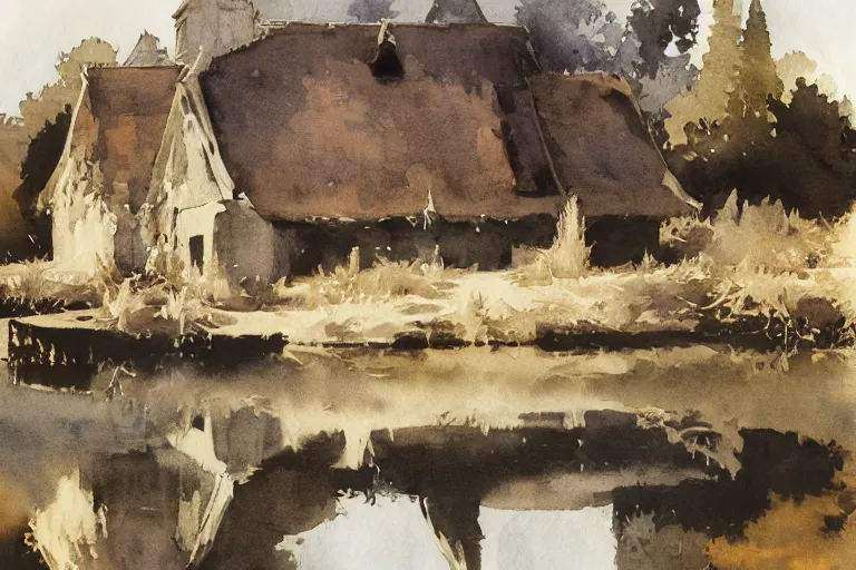 Image similar to abstract watercolor painting of hedonic scandinavian king house, in stone, straw roof, war lord, magical and traditional, reflective river, crisp daylight, sharp shadows, cinematic light, national romanticism by anders zorn, by greg rutkowski, by greg manchess