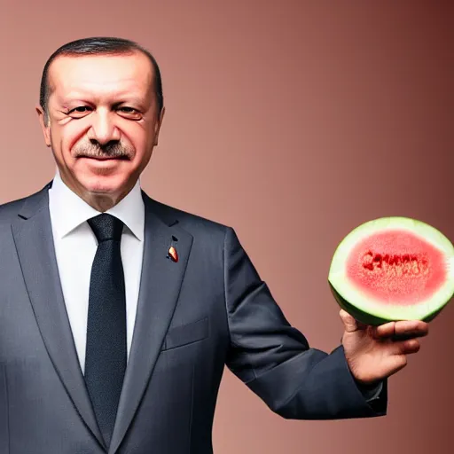 Image similar to recep tayyip erdogan smiling holding watermelon, studio photograph, hd, studio