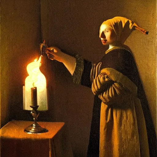Image similar to Painting of a human with a horses head wearing peasant clothing, holding a lit candle in the dimly lit room, by Johannes Vermeer
