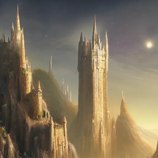 Image similar to beautiful illustration of a beautiful painted of the two towers, science fiction, 4 k detailed, crystal lighting, highly detailed, hyperrealistic, unreal engine