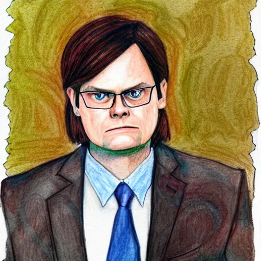 Image similar to a portrait of dwight schrute, from the office ( 2 0 0 5 ). colored pencil and watercolor artwork in the style of lilia alvarado. color harmony
