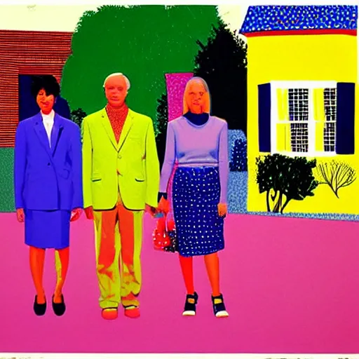 Prompt: A typical suburban family, who are hiding deep and dark secrets, Pop Art painting by David Hockney