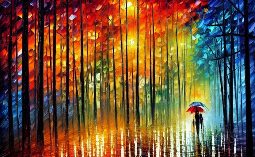 Image similar to walking through a gloomy forest in the rain at night by leonid afremov, oil painting!!!, intricate details!!!, fine brush!!!!!!