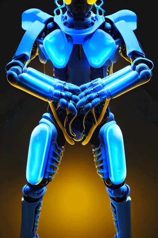 Prompt: hyperrealistic close-up blue glow exoskeleton!! chinese man covered highly detailed concept art eric zener elson peter cinematic side hard yellow light low angle hd 8k sharp shallow depth of field