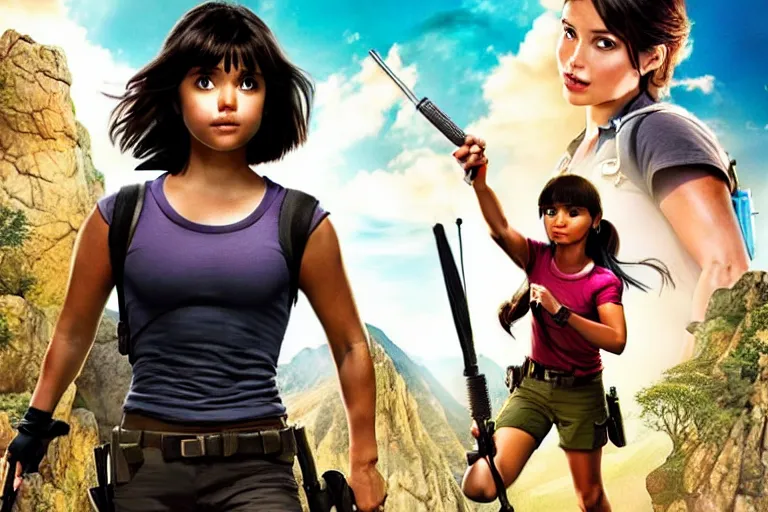 Prompt: Dora the Explorer (played by Isabela Merced) vs Lara Croft (played by Angelina Jolie), movie poster, film by James Bobin and Simon West