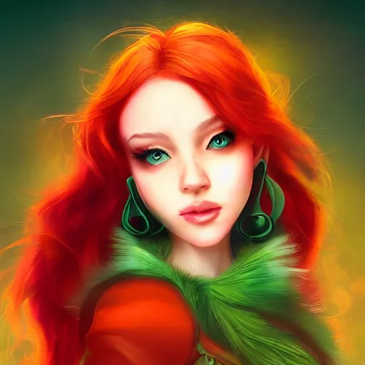 Prompt: a beautiful stunning fantasy whimsical matte digital portrait illustration of a pretty womam with bright green eyes and fiery red hair and a green bird, in the style of Ross Tran, trending on artstation, contest winner