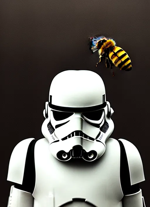 Image similar to stormtrooper, giger, dark room, painting, 3 d render, bees, flowers, wooden table