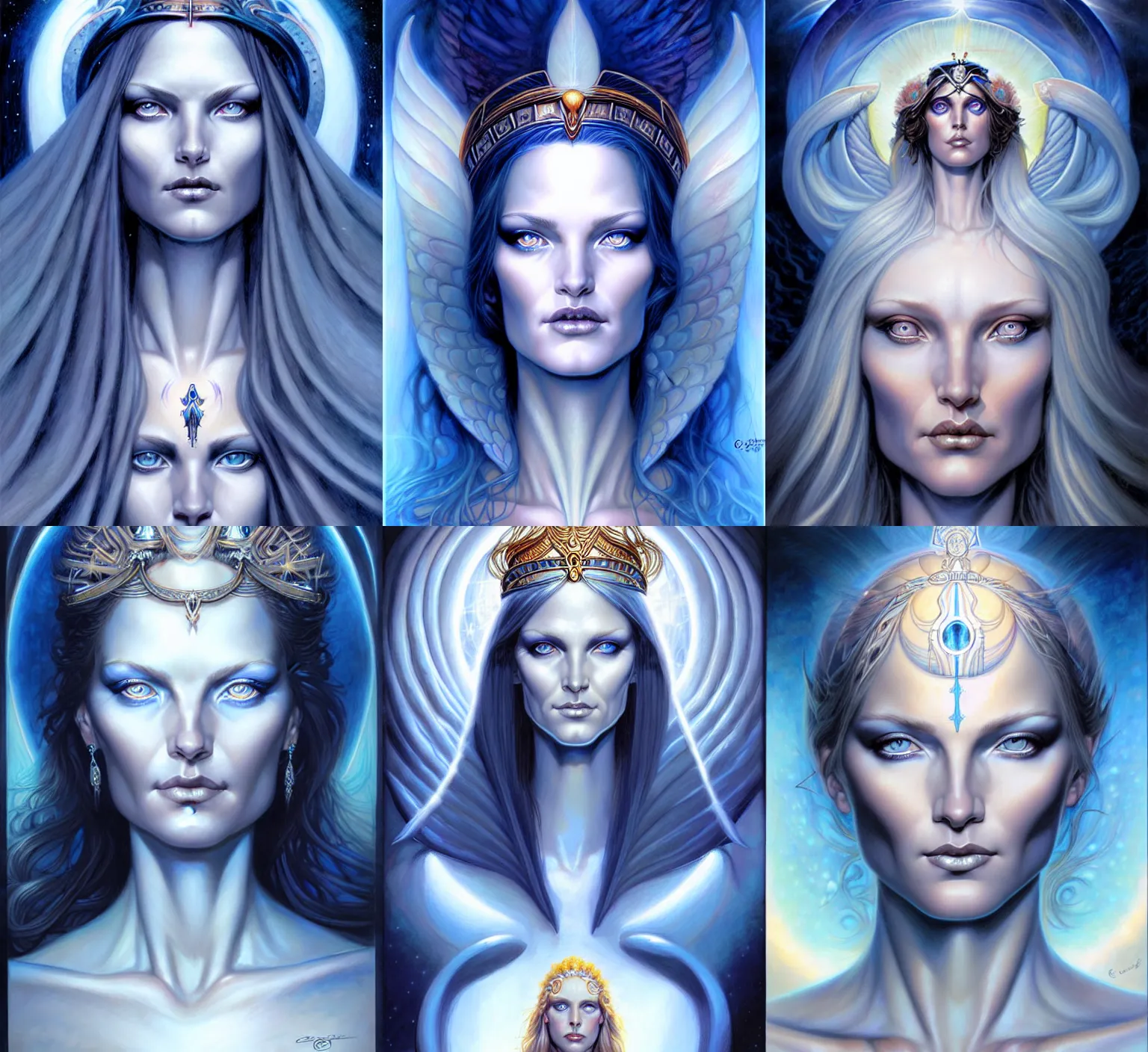 Prompt: stunning goddess of life portrait, clear blue eyes. realistic, symmetrical face. art by bowater charlie, mark brooks, julie bell, arian mark, tony sandoval