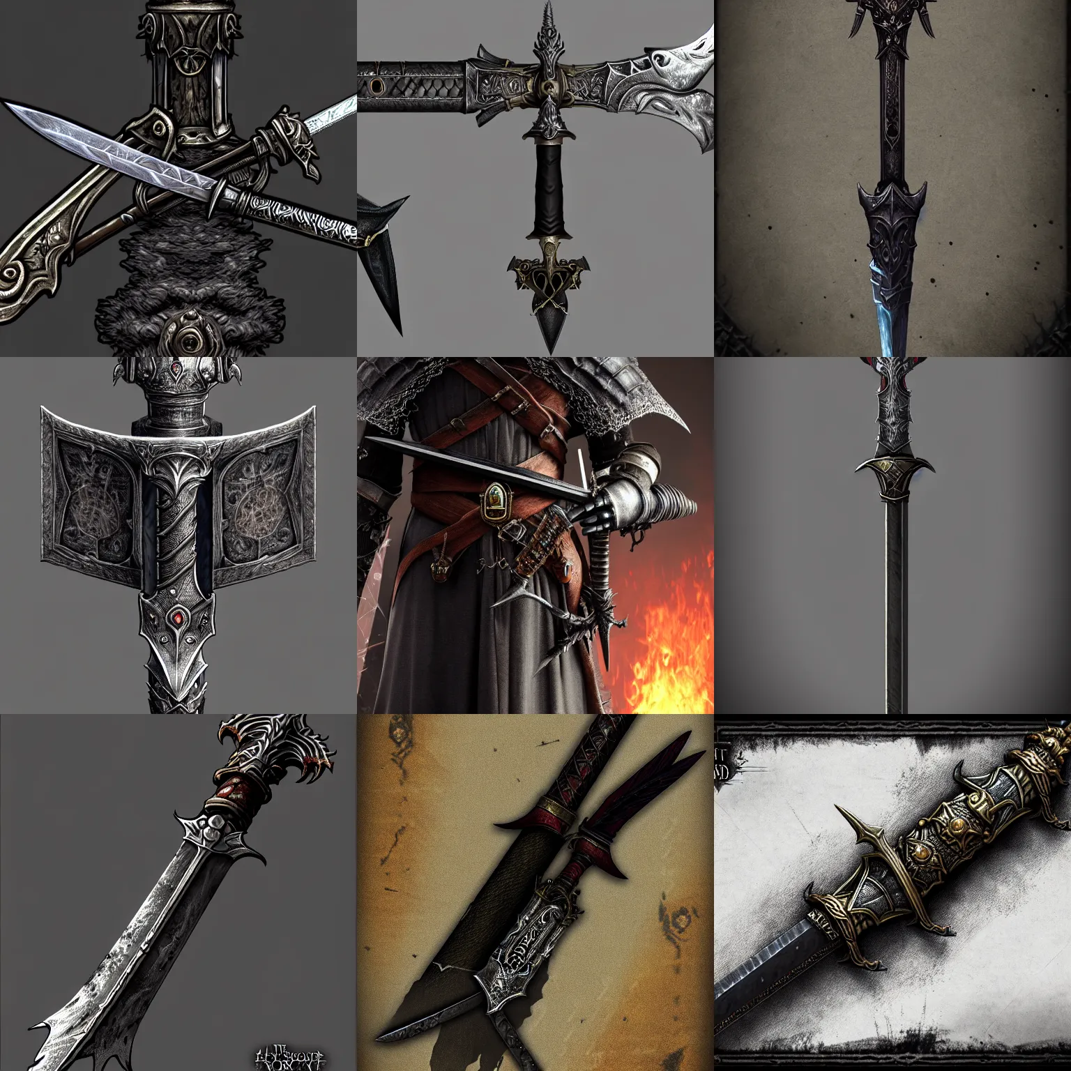 Prompt: inventory item, full view, sword hilt with particles, in style of bloodborne, dark souls 3, gothic, artstation, digital art, 4 k