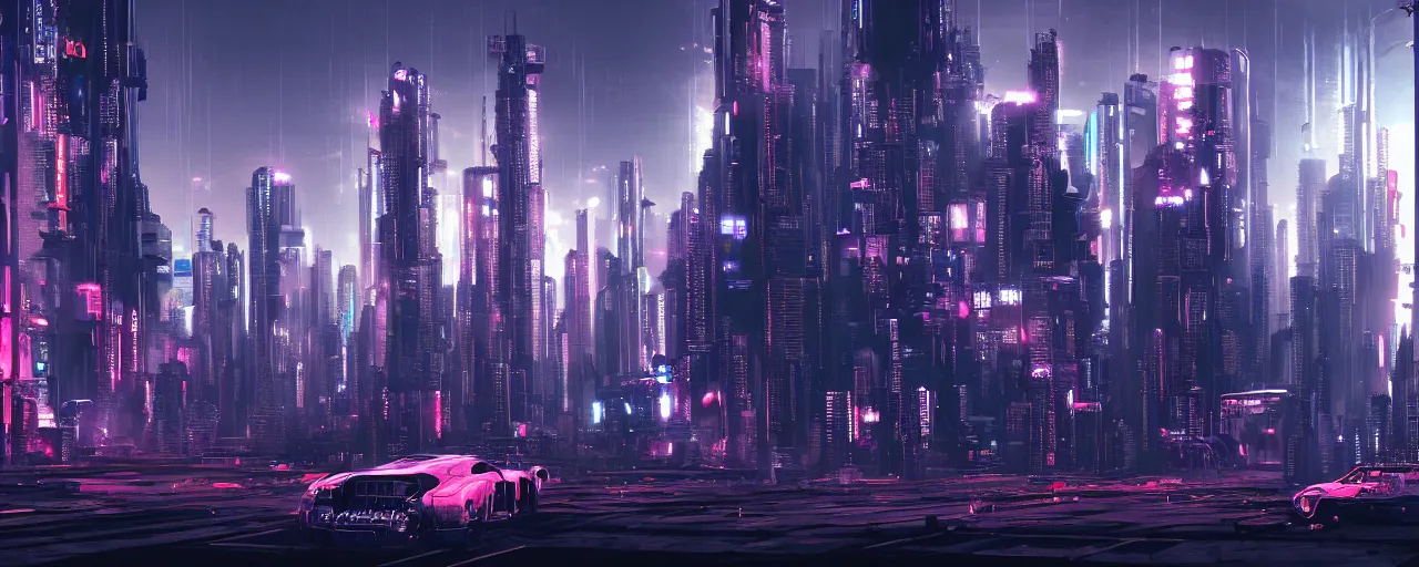 Prompt: A cyberpunk setting, by Tokujin Yoshioka, landscape, dramatic lighting, high contrast colors, panoramic view, as trending on Artstation, highly detailed,