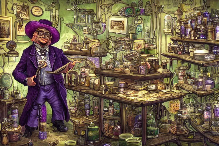 Prompt: Uncle Aloysius, snake oil salesman, wild west crypto pharmaceutical industrialist apothecary alchemist tinkerer engineer, cute, fantasy, intricate, elegant, highly detailed, digital painting, 4k, HDR, concept art, smooth, sharp focus, illustration, purple green color scheme, art by Ed Roth and H R Giger