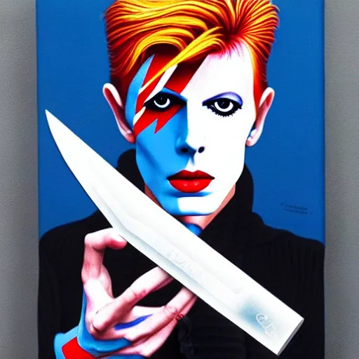 Prompt: the thin white duke holding a Bowie knife james jean masterpiece