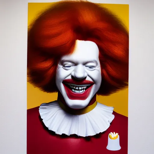 Prompt: extremely detailed studio portrait of ronald mcdonald surrended by gold, soft light, golden glow, 4 k