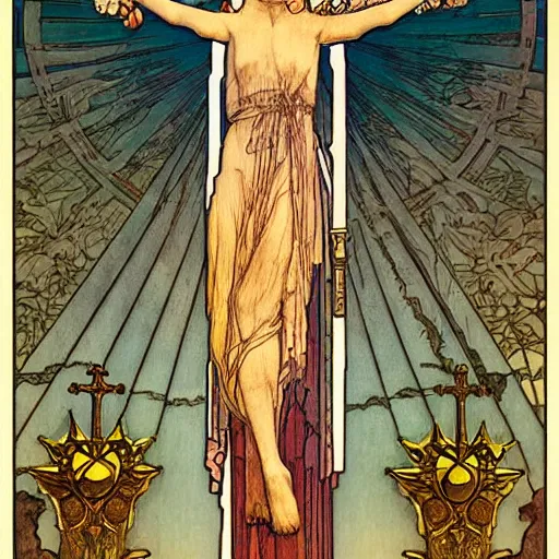 Image similar to a spiritual cross on top of a holy mountain, Mucha, Moebius, Mohrbacher