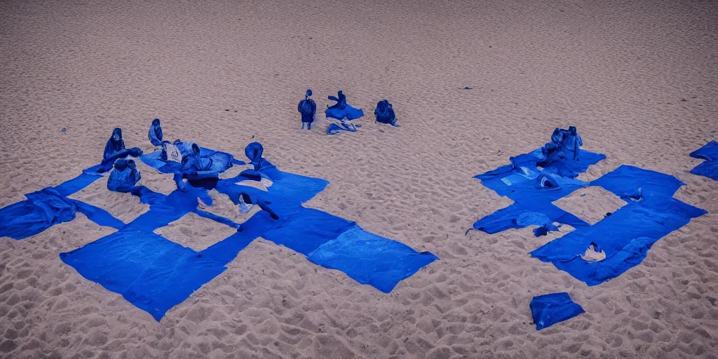 Image similar to people with blue bodies, raising pyramid out of the sands, wide angle, cinematic atmosphere, elaborate, highly detailed, dramatic lighting