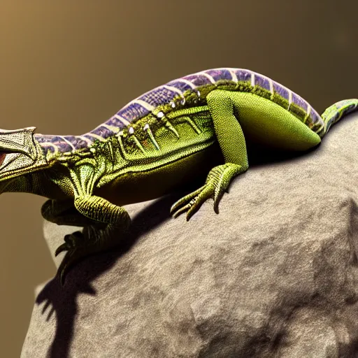 Image similar to alien lizard on a rock, hyper realism, dslr, 8 k, dynamic lighting