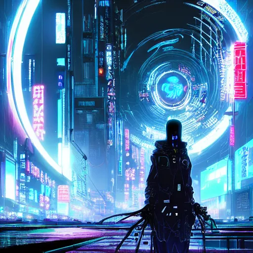 Image similar to Perfect circle portal leading to a vast neon cyberpunk Tokyo in style of Tsutomu Nihei. Cyberpunk, vertical symmetry, 8K, Highly Detailed, Intricate, Vivid.