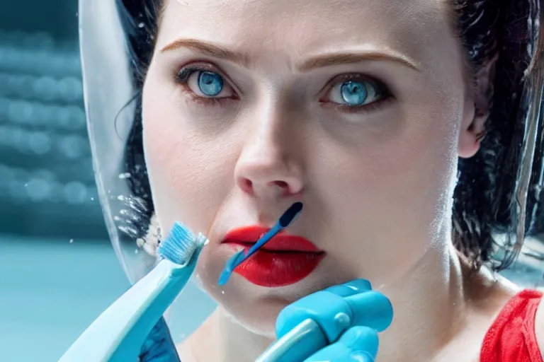 Image similar to close up of scarlet johannson as a female android scrubbing the pool with a toothbrush, high resolution film still, 4 k, hdr color