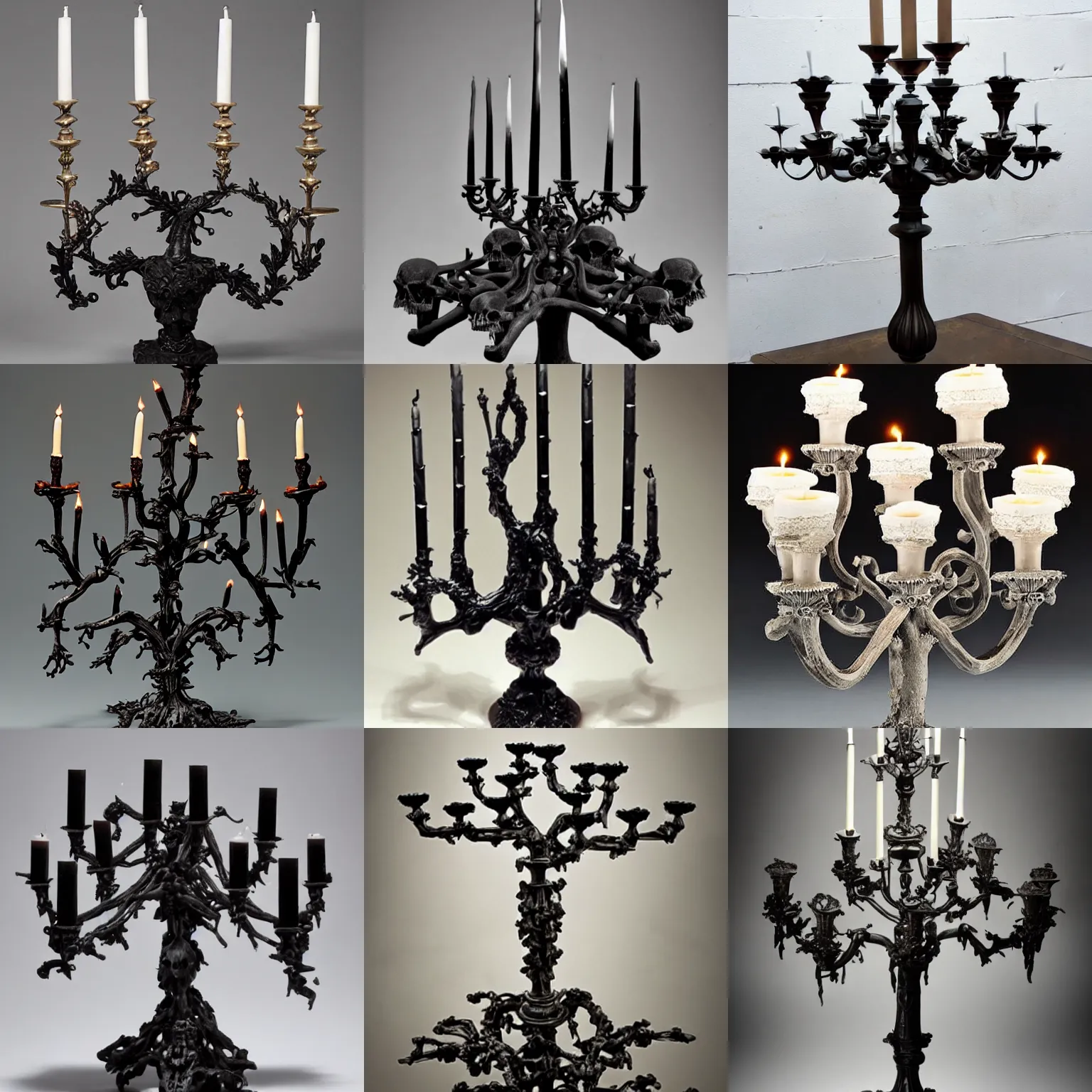 Prompt: a candelabra that is a dark spite of crow skulls