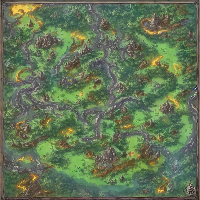 Image similar to full - color fantasy game map of a woodland clearing, battle map, grid, made with dungeondraft, d & d, pathfinder, by jeff todd and greg rutkowski, trending on artstation, pinterest