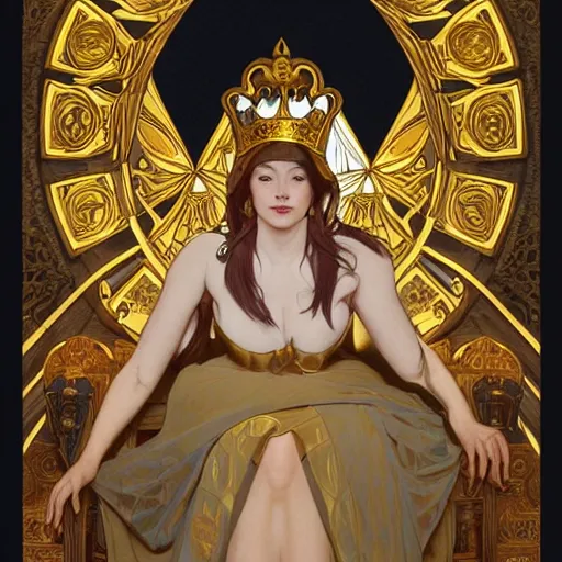 Image similar to condescension of a proud queen to a servant kneeling before her, yellow eyes, sitting in a chair while posing for a photo, highly detailed, digital painting, artstation, concept art, smooth, sharp focus, illustration, art by artgerm and alphonse mucha, high definition digital art, in the style of ilya kuvshinov and Ross tran