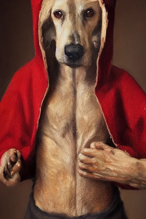 Prompt: Slavic dog head man, woolen torso in medieval clothes, characteristic of cynocephaly, oil painting, hyperrealism, beautiful, high resolution, trending on artstation,