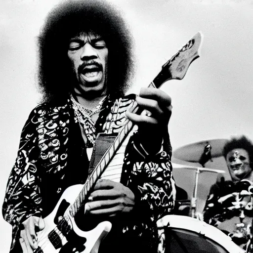 Prompt: jimi hendrix as the singer of black sabbath in a big stadium concert