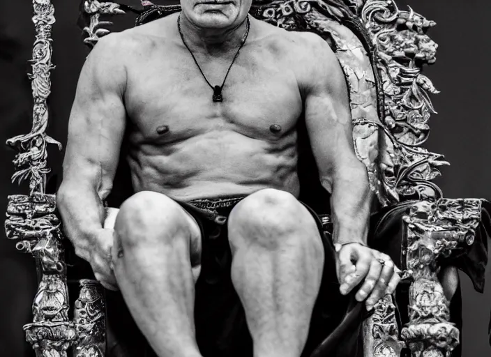 Image similar to A photo of vladimir putin the barbarian sitting on his throne, award winning photography, sigma 85mm Lens F/1.4, perfect faces