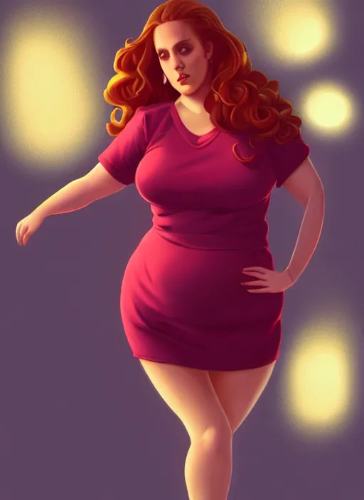 Image similar to full body portrait of teenage cheryl blossom, obese, bangs, sultry, realistic, red hair, sultry smirk, wavy hair, pink skirt, fat, belly, intricate, elegant, glowing lights, highly detailed, digital painting, artstation, concept art, smooth, sharp focus, illustration, art by wlop, mars ravelo and greg rutkowski