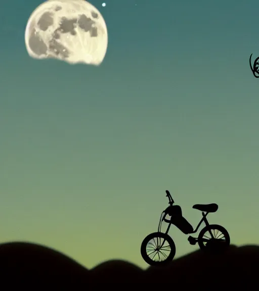 Image similar to a long tailed monkey riding a flying bike across the full moon as silhouette, from the movie e. t. the extra terrestrial, with dark trees in foreground, cinematic frame by steven spielberg, hd