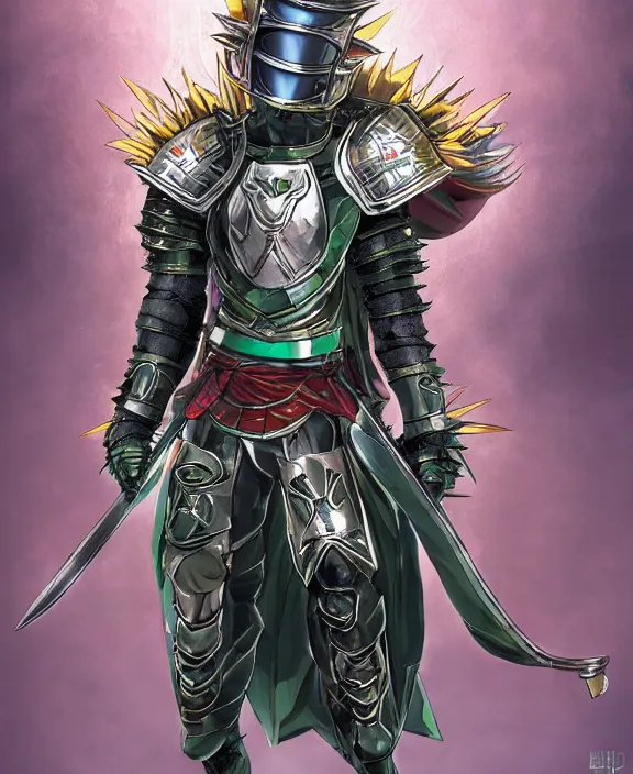 Image similar to an anime drawing of a powerful warrior with jade spiked armour and a helmet with a spiked crown by Moebius, 4k resolution, photorealistic