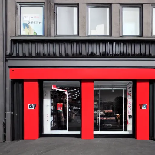 Image similar to Award winning shopfront design, convenience store, anthracite with red accents, metal, paint, textures, highly detailed, bright signage