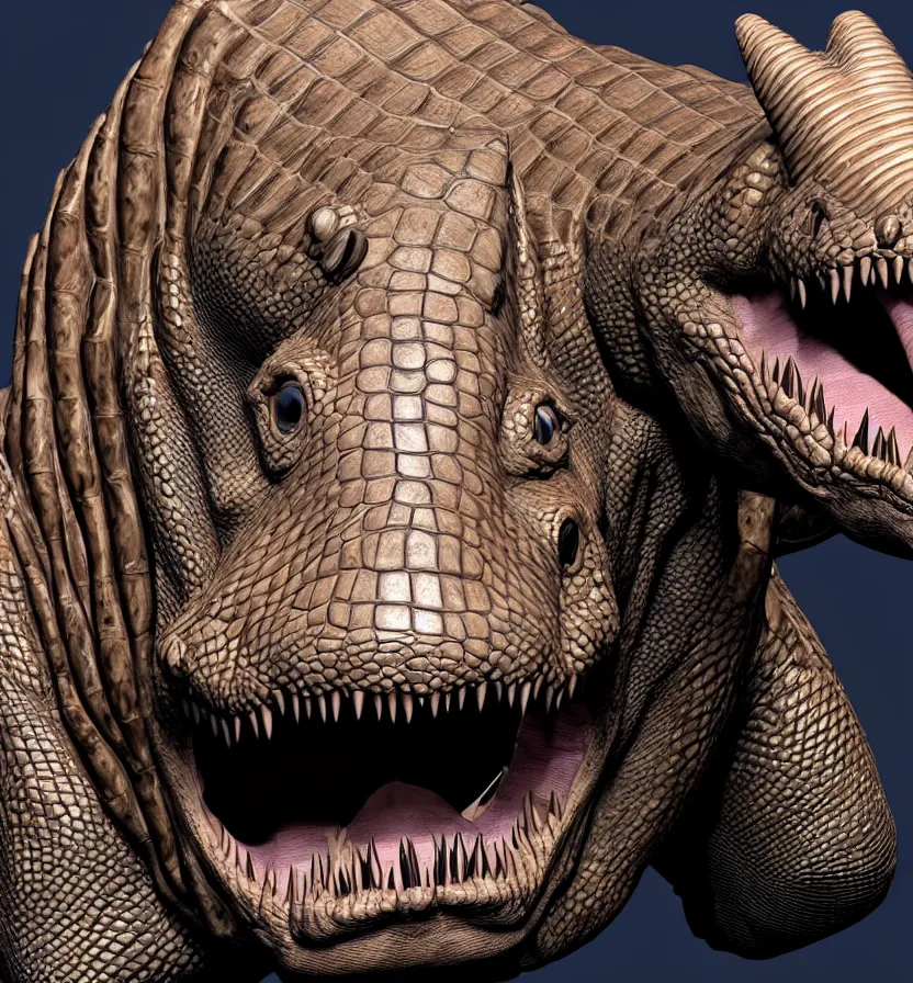 Image similar to nancy pelosi creature setting all : crocodile head : : 0. 5 the head has a symmetrical horn and tumor, and there is a rhino horn at the front of the beak, and the mouth is open to reveal a mouth full of fangs with huge wings, full body rich detail realistic photoreal photorealistic octane render 8 k