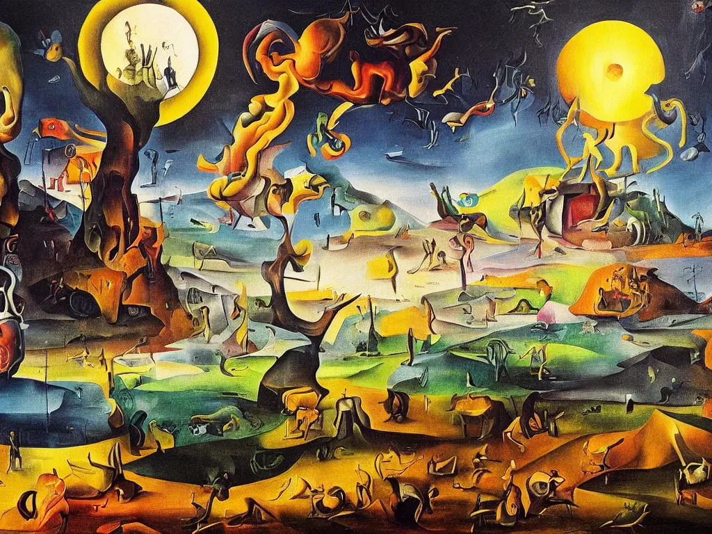 Prompt: bright dramatic lighting colorful surrealist oil painting titled'now we'll all be brothers of the fossil fire of the sun ', magical realism symbolist, ruined city landscape with hybrid animal protagonist, painted by salvador dali and hieronymous bosch and max ernst, shocking detail trending on artstation 8 k