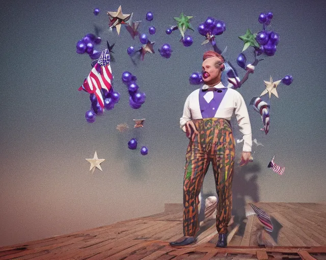 Image similar to incredibly spangly snake oil salesman wearing a purple and green stars and stripes suit, patriotic, painting by Grant Wood, 3D rendering by Beeple