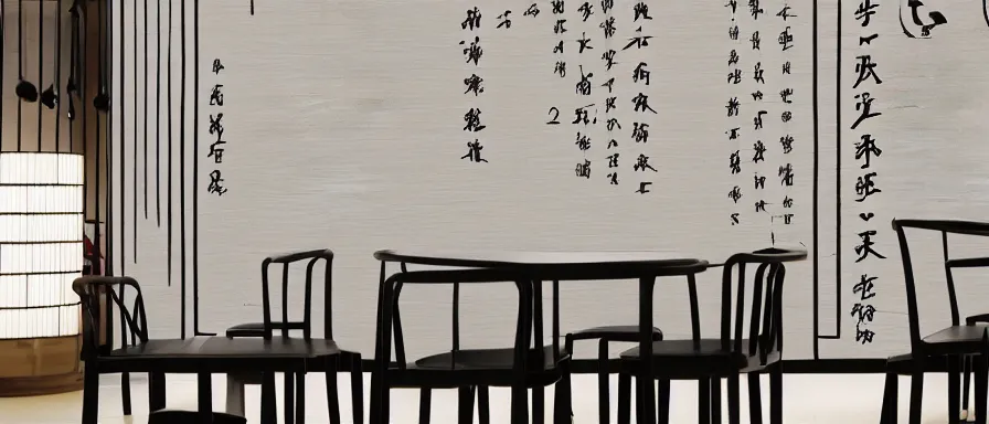 Image similar to a beautiful simple interior 4 k hd wallpaper illustration of small roasted string hotpot restaurant restaurant yan'an, wall corner, from china, wallpaper with tower mountains, rectangle white porcelain table, black chair, fine simple delicate structure, chinese style, simple style structure decoration design, victo ngai, 4 k hd