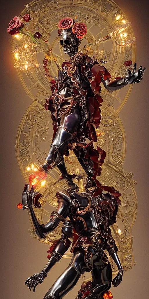 Prompt: a young handsome Spanish metal android with a large glowing red lit crystal in the center of his chest, full-body bronze cyberpunk style statue of Icarus with glowing purple eyes, crown of mechanical peach roses, flowing teal-colored silk, fabric, steampunk flowers. baroque elements, human skull. full-length view. baroque element. intricate artwork by caravaggio. many flying horses on background. Trending on artstation, octane render, cinematic lighting from the right, hyper realism, octane render, 8k, depth of field, 3D