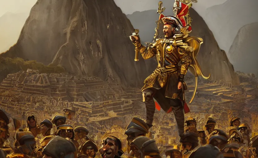 Image similar to smiling spanish conquer soldier holding golden cup on a inca temple, game character concept art, wide view, high detailed, full perfect, symmetrical portrait, high detail, by craig mullins, peter mohrbacher, unreal engine, octane rendered, 8 k, dark beauty, trending on artstation