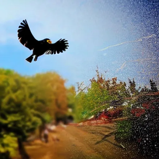 Image similar to a very HD and realistic photo of a crow flying over an accident, people used to say that the crow is the incarnation of the spirit of the accident victim who died