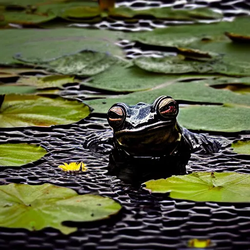 Prompt: dark clouds, close - up of a alien space frog in the pond with water lilies, shallow depth of field, highly detailed, autumn, rain, bad weather, ominous, digital art, masterpiece, matte painting, sharp focus, matte painting, by isaac levitan, asher brown durand,