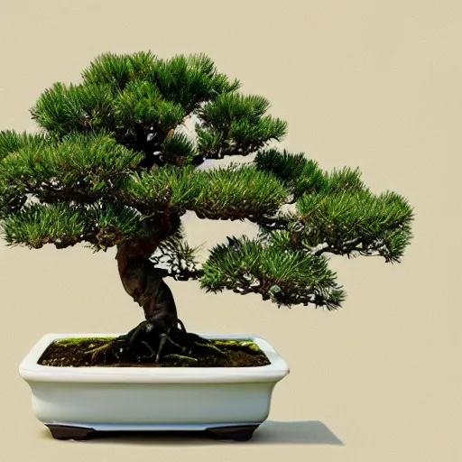 Prompt: bonsai tree, cyprus, in a black pot with white background, viewed from 30 degrees, detailed matte painting